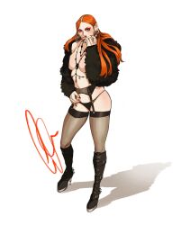 alt_girl ass bare_breasts big_breasts boots breasts breasts_out coat earrings eyeshadow fur_coat fur_jacket garter_belt garter_straps ginger ginger_female ginger_hair heel_boots heels jacket kneehigh_boots legs long_hair marvel marvel_comics mary_jane_watson necklace no_bra no_visible_nipples orange_hair panties side_view spider-man_(series) teatimedroan thighhighs topless topless_female