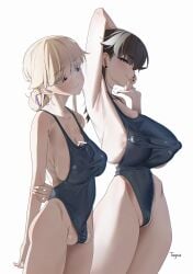 2girls absurdres areola_slip armpits artist_name backlighting bar_censor barbell_piercing bilingual_commentary black_hair black_nails blonde_hair blush breasts cameltoe censored closed_mouth commentary covered_nipples covered_piercing cowboy_shot earrings enid_(tagua) futanari highres huge_breasts jewelry large_areolae large_breasts large_penis mixed-language_commentary multiple_girls nail_polish nipple_piercing original penis piercing rene_(tagua) simple_background smile stud_earrings tagua testicle_slip testicles white_background