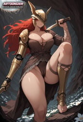 scar armor red_hair long_hair malenia_blade_of_miquella elden_ring single_mechanical_arm prosthetic_arm prosthesis large_breasts fromsoftware covered_eyes helmet sword weapon dress 1girls ai_generated armwear artoonizer big_ass big_breasts female light-skinned_female light_skin patreon patreon_username posing solo solo_female solo_focus standing thick_thighs wide_hips one_leg_up pussy feet feet_focus foot foot_focus