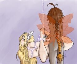 annoyed blush bondage braided_hair captured demigoddess fairy fantasy_creature futa_on_female interspecies looking_back magic_restraints norse_mythology small_dom_big_sub sombresnuances spanking suspension_bondage valkyrie winged_helmet