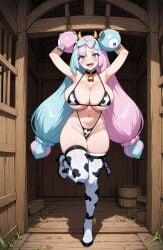 ai_generated cow_bell cow_horns cow_print huge_breasts iono_(pokemon) long_hair magnemite multicolored_hair pokemon sharp_teeth smiling standing standing_on_one_leg