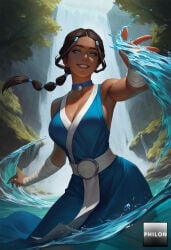 1girls breasts solo water dark-skinned_female dark_skin waterfall blue_eyes choker cleavage smile long_hair brown_hair looking_at_viewer dress large_breasts sleeveless blue_dress hair_ornament bare_shoulders armpits lips braid bandages bandaged_arm multi-tied_hair blue_choker outdoors sleeveless_dress nature grin katara avatar_the_last_airbender ai_generated stable_diffusion philon