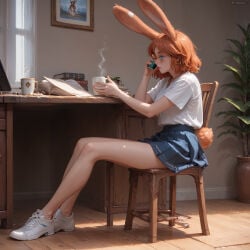 ai_generated aurora_(league_of_legends) 1girl solo breasts blush short_hair blue_eyes shirt skirt brown_hair holding animal_ears jewelry sitting medium_breasts school_uniform tail white_shirt full_body short_sleeves thighs pleated_skirt parted_lips shoes glasses day indoors artist_name medium_hair signature miniskirt rabbit_ears orange_hair from_side cup blue_skirt legs lips book bare_legs window profile shadow phone chair white_footwear table sunlight cellphone plant curtains rabbit_tail sneakers holding_cup steam smartphone holding_phone desk freckles high-waist_skirt round_eyewear teacup paper wooden_floor rabbit_girl mug long_legs shirt_tucked_in open_book nose realistic adjusting_eyewear pen potted_plant reading on_chair computer rimless_eyewear coffee picture_frame book_stack laptop holding_pen no_socks coffee_mug flower_pot white_nails drawer wooden_table talking_on_phone two-tone_footwear iphone wooden_chair paper_stack converse