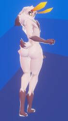 antennae_(anatomy) anthro arthropod balls black_sclera blue_background butt digitigrade femboy fluffy freckles genitals glowing glowing_antennae glowing_eyes hi_res humanoid_genitalia humanoid_penis hybrid inner_ear_fluff insect lagomorph lepidopteran leporid looking_at_viewer looking_back low_poly male mammal moth neck_tuft nude penis permaclot pubes rabbit rasmus short_tail simple_background solo standing tail tan_body tuft wide_hips yellow_eyes