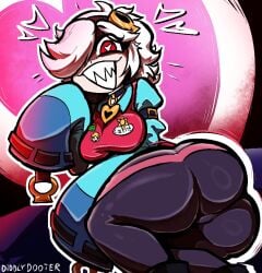 diddlydooter1 colette_(brawl_stars) brawl_stars tagme looking_at_viewer looking_back viewed_from_behind back_view white_hair short_hair headgear smile sharp_teeth red_eyes heart-shaped_pupils hand_on_face heart tight_clothing breasts wide_hips ass ass_focus thick_thighs voluptuous pussy_bulge