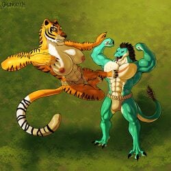 3_toes 4_toes abs absurd_res anthro biceps black_sclera bone_spikes bottomwear breasts bulge chest_scar clothed clothing dreamworks duo feet felid female fight fighting_pose flexing flying_kick fur grungotharts hi_res kick kung_fu_panda loincloth loincloth_only male male/female mammal master_tigress midair muscular muscular_anthro muscular_arms muscular_female muscular_legs muscular_male muscular_thighs nipples orange_body orange_fur outside pantherine pecs pink_nipples pose red_eyes reptile scalie scar snake striped_body striped_fur stripes tan_body tan_fur tiger toes topless topless_anthro topless_female turquoise_scales wrestling xiuhcoatl_(laziestsloth)