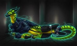 adhara ammylin anthro armbinder binder_(restraint) bondage_gear bound clothing cuff_(restraint) dragon duo female feral genitals green_body green_scales hi_res latex latex_clothing legwear markings muzzle_(object) mythological_creature mythological_scalie mythology restraints scales scalie stockings striped_markings stripes tail tail_cuff tail_tied vulva wingbinders wrist_cuffs