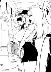 1girl 4boys ass bag bangs_pinned_back bra bra_visible_through_clothes bralines breasts chair glasses handbag highres holding holding_bag huge_breasts inne_sulistya_robin long_hair looking_at_breasts monochrome multiple_boys norman_maggot original pencil_skirt profile shirt short_sleeves skirt staring thick_thighs thighs train train_interior underwear
