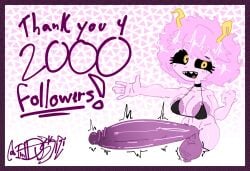 mina_ashido my_hero_academia solo solo_focus solo_futa futanari futa_only 1futa duskizi big_breasts big_penis pink_hair pink_body pink_skin black_sclera yellow_eyes horns bikini_top bra color simple_background shiny_skin glistening glistening_body glistening_genitalia huge_cock wide_hips arm_out stretching_arms fist
