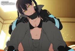 1girl breasts grey_pants black_hair solo pants twintails gloves yellow_eyes swimsuit looking_at_viewer bikini navel cleavage medium_breasts coat black_coat open_clothes black_bikini baggy_pants open_coat sitting parted_lips black_gloves long_hair indoors long_sleeves bikini_top_only black_footwear hands_on_own_knees hair_between_eyes blush jacket head_tilt spread_legs ai_generated anime anime_style hentai hi_res mystic_maidens patreon kotatsu_tamaki tamaki_kotatsu fire_force enen_no_shouboutai en'en_no_shouboutai