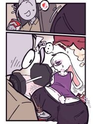 ass ass_focus back back_view big_ass black_pants cat_ears cat_tail comic gym inkzan looking_at_viewer looking_back original_character purple_eyes rabbit rabbit_ears raised_tail shocked shocked_expression soda thick_ass thick_thighs thighs training white_fur