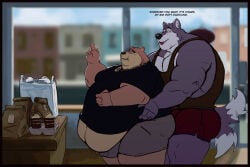 anthro belly_overhang belly_peek beverage bottomwear canid canine canis chain_necklace clothing cougar dialogue duo english_text feederism felid feline food hug hugging_another hugging_from_behind jewelry larger_male male male/male mammal moobs muscular muscular_arms muscular_legs muscular_male necklace overweight overweight_male paper_bag pecs shirt shorts size_difference smaller_male smile standing t-shirt tail tail_motion tailwag tank_top tcw text topwear weight_difference wolf
