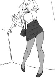bag breasts from_below glasses highres huge_breasts inne_sulistya_robin norman_maggot office_lady pencil_skirt shirt shy skirt thighhighs train