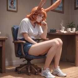 ai_generated aurora_(league_of_legends) 1girl solo long_hair breasts short_hair blue_eyes shirt skirt brown_hair holding animal_ears jewelry sitting medium_breasts collarbone white_shirt full_body short_sleeves thighs pleated_skirt small_breasts parted_lips shoes glasses indoors artist_name medium_hair miniskirt necklace mole rabbit_ears orange_hair animal_ear_fluff cup blue_skirt legs lips mole_under_eye book bare_legs makeup chair white_footwear plant denim sneakers t-shirt steam desk smoke between_legs freckles round_eyewear denim_shorts cigarette paper hand_between_legs wooden_floor rabbit_girl mug shirt_tucked_in nose realistic smoking pen potted_plant drinking lamp on_chair computer rimless_eyewear coffee picture_frame book_stack holding_pen swivel_chair no_socks coffee_mug office_chair white_nails office viera body_freckles thick_lips converse