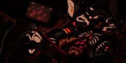 ambiguous_gender anthro black_sclera camera disembowelment domestic_cat felid feline felis fur gore gore_focus group heart_(marking) mammal markings masochism multicolored_body multicolored_fur orange_markings orange_pupils orange_tongue pupils red_markings sadism sadomasochism selfcest skeleton_(marking) skull_(marking) snuff snuff_(snuff_b8) snuff_b8 square_crossover tongue video_camera white_markings