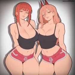 2girls ai_generated arms_behind_back big_ass big_breasts big_thighs boobs_pressed chainsaw_man cleavage duo duo_female duo_focus hand_on_ass makima_(chainsaw_man) power_(chainsaw_man) short_shorts shorts slim_waist wide_hips wide_thighs