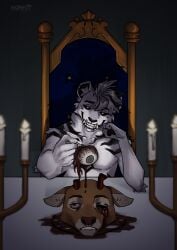absurd_res anthro bared_teeth blood bodily_fluids candle chair cheek_piercing cryotaiga cutlery decapitation deer dimly_lit duo ear_piercing eyeball facial_piercing fangs felid fire fork furniture gore grin hair hi_res hybrid kitchen_utensils lip_piercing male mammal morktt pantherine piercing severed_body_part severed_head smile smiling_at_viewer snow_leopard striped_body stripes teeth tiger tools white_body white_eyes