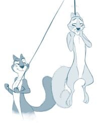 anthro asphyxiation darkchum digital_drawing_(artwork) digital_media_(artwork) duo eyebrows grayson_(the_nut_job) hanging_(disambiguation) hanging_by_neck hi_res male male/male mammal noose raised_eyebrow rodent rope rope_pull sciurid simple_background smirking_at_partner snuff surly the_nut_job tree_squirrel white_background