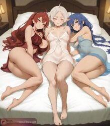 3girls ai_generated big_ass big_breasts eris_greyrat floresai huge_ass huge_breasts inviting inviting_to_sex lingerie looking_at_viewer lying_on_bed mushoku_tensei narrow_waist nightgown nipples patreon patreon_url patreon_username petite petite_female roxy_migurdia slender_body sylphiette_(mushoku_tensei) teasing thick_thighs wide_hips