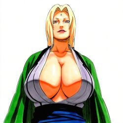 1girls 2d accurate_art_style accurate_body_type ai_generated big_breasts blonde_hair breast_focus breasts brown_eyes cleavage clothed clothing collarbone female female_focus female_only forehead_jewel forehead_mark from_below full_color grey_kimono grin haori high_resolution highres huge_breasts japanese_clothes kimono large_breasts light-skinned_female light_skin line_art lipstick long_hair looking_at_viewer looking_down looking_down_at_viewer low_twintails makeup manga_style mature_female naruto naruto_(series) naruto_shippuden no_bra official_style oppai orange_eyes parted_lips pinup red_lips red_lipstick sash shiny_skin short_eyebrows simple_background smile soft_shading solo solo_focus standing traditional_clothes tsunade twintails upper_body viewed_from_below waifu white_background