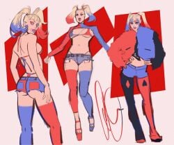 ass ass_cheeks back-tie_bikini back_view batman_(series) belly_button bikini bikini_top blonde_female blonde_hair blue_hair bra breasts butt butt_cheeks character_sheet clothed clothing dc dc_comics dyed_hair exposed_pocket female female_only female_torso front_view harley_quinn harley_quinn_(series) hourglass_figure hourglass_figured_female jacket jean_shorts medium_breasts pigtails pockets red_hair short_shorts shorts sideboob skinny skinny_female small_bra string_bikini teatimedroan thighhighs thong thong_straps twintails