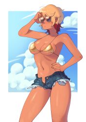 adjusting_eyewear bikini bikini_top blonde_female blonde_hair blue_sky clouds denim_shorts female_focus female_only gold_bikini jontainaka large_breasts multicolored_hair navel non-nude not_porn original original_character red_hair shorts simple_background solaire_(spacyluna) spacyluna sunglasses tan_body tan_skin tanline tanline_peek tanned tanned_skin thighs tinted_eyewear unbuttoned unbuttoned_shorts variant_set wet wet_skin
