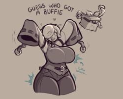 suddencube_(artist) colette_(brawl_stars) brawl_stars tagme monochrome headgear short_hair hair_over_one_eye blush sharp_teeth smile arms_up heart choker breasts wide_hips thick_thighs voluptuous hourglass_figure text