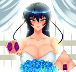 black_hair blue_eyes blush bouquet breasts cleavage dress egg_vibrator female flower igawa_asagi large_breasts lilith-soft long_hair looking_at_viewer nipples pointy_chin pussy r-wade smile solo taimanin_(series) taimanin_asagi uncensored vibrator wedding_dress