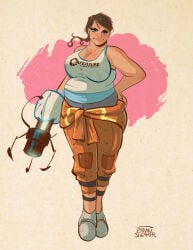 brian_shearer portal_(series) chell thick thick_thighs chubby chubby_female belly belly_bulge fat fat_female female female_only solo solo_female clothed clothed_female big_breasts breasts large_breasts busty busty_female brown_hair blue_eyes tank_top big_belly big_thighs