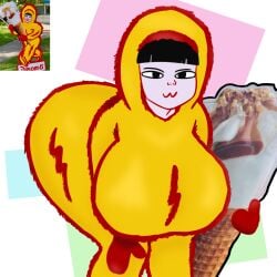 shittyartz diplomis eskimonika norway norwegian yellow_fur yellow_suit asian asian_female :3 ice_cream self_upload simple_background simple_shading simple_eyes simple_face huge_breasts big_breasts enormous_breasts thick_thighs looking_at_viewer pale-skinned_female pale_skin gloves red_outline norwegian_text nose black_hair dark_hair body_suit leaning_forward