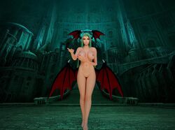 3d areolae bat_wings breasts come_hither darkstalkers dukenukemnever female head_wings hip_wings legs medium_breasts morrigan_aensland navel nipples nude shaved_pussy solo succubus wings