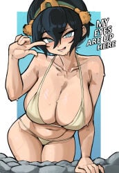 1girl 1girls absurdres aged_up alternate_breast_size_(larger) armpit_crease armpits arms_behind_head ass avatar:_aang_the_last_airbender avatar:_the_last_airbender avatar_legends avatar_the_last_airbender beach big_breasts bikini black-haired_female black_hair blind blind_girl blue_background bolt_on_tits border breast_implants breasts ckatnha cleavage clothed clothed_female collarbone commentary curvaceous curvy curvy_female curvy_figure english_text enhanced_breasts eyeliner fake_breasts female female_pubic_hair green_bikini green_clothes green_clothing grey_bikini hair_between_eyes hair_bun highres huge_breasts large_boobs large_breasts light-skinned_female light_skin long_hair looking_at_viewer makeup midriff my_eyes_are_up_here navel nickelodeon nipples nude pointing pointing_at_self pubic_hair short_hair silicone silicone_implants smile solo standing swimsuit thick_thighs thighs thong toph_bei_fong toph_beifong wet white_bikini white_border white_clothes white_clothing