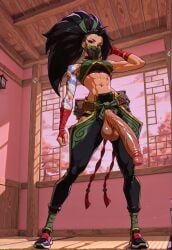1futa 2xko absurd_res ai_generated akali arm_tattoo asian asian_female back_tattoo bandaged_arm black_footwear black_hair black_pants breasts cloud_tattoo crop_top dojo dragon_tattoo eyeliner flaccid full_body futa_focus futanari gigantic_penis gigantic_testicles green_ribbon hair_ribbon high_ponytail huge_penis indoors large_penis league_of_legends long_hair looking_at_viewer low-angle_view makeup medium_breasts mouth_mask mouth_veil navel ninja_mask open_mouth penis pink_theme red_bandage red_eyes ribbon riot_games self_upload shaved_side shoes shoulder_tattoo smile solo standing stomach tan-skinned_futa tan_skin teeth testicles toned toned_female uncensored upper_teeth_only veins veiny_penis veiny_testicles