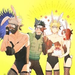 naruto_(series) 3boys 1girls namikaze_minato hatake_kakashi uchiha_obito nohara_rin bunny_ears playboy_bunny stockings thighhighs cake celebration blush femboy femboy_dilf