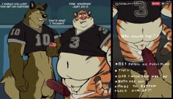 abs annoyed anthro balls belly big_balls big_belly big_penis canid canine canis chat clothed clothing crop_top dialogue duo english_text felid fluffy fluffy_tail fupa genitals hi_res humiliation jersey livestream looking_at_another looking_at_partner male male/male mammal moobs muscular muscular_male navel overweight overweight_male pantherine partially_clothed penis penis_humiliation penis_size_difference shirt small_penis small_penis_humiliation smile standing stripes tail tcw teeth text tiger topwear underwear underwear_down weight_difference wolf