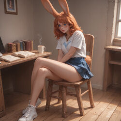 ai_generated aurora_(league_of_legends) 1girl solo long_hair breasts short_hair blue_eyes shirt skirt brown_hair animal_ears closed_mouth jewelry sitting medium_breasts underwear tail white_shirt full_body panties short_sleeves thighs pleated_skirt parted_lips shoes glasses day indoors artist_name medium_hair miniskirt necklace mole rabbit_ears orange_hair white_panties cup blue_skirt legs lips mole_under_eye book bare_legs window chair plaid_skirt white_footwear table sunlight pantyshot crossed_legs rabbit_tail sneakers t-shirt steam clothes_writing desk freckles round_eyewear teacup v_arms wooden_floor rabbit_girl mug long_legs shirt_tucked_in open_book nose realistic red_lips bookshelf pen reading on_chair computer pencil monitor rimless_eyewear coffee picture_frame book_stack laptop no_socks coffee_mug crossed_ankles wooden_table viera wooden_chair