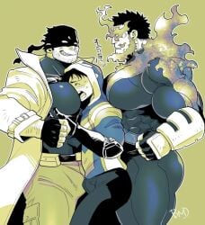 2025 3boys abs ass bara bara_tiddies beard beard_stubble big_pecs black_hair blush body_suit bodysuit boku_no_hero_academia bulge bulges_touching closed_eyes clothed daddy dilf endeavor_(my_hero_academia) enji_todoroki feet_out_of_frame fingerless_gloves fists_clenched flames fully_clothed gauntlets gay gloves green_background haimawari_kouichi iwao_oguro jacket japanese_text knuckleduster_(my_hero_academia) male male_only masked masked_male moffmofffredjack muscles muscular muscular_male my_hero_academia pants pec_grab rivalry sandwich_position sandwiched scar scar_on_face shiny_bodysuit six_pack size_difference smile smiling standing superhero sweat_drop the_crawler_(mha) threesome vigilante:_my_hero_academia_illegals yaoi