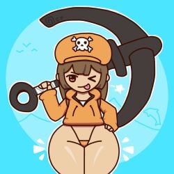 1girls anchor bottomless brown_hair clothing female_only guilty_gear guilty_gear_strive hand_on_hip hat hoodie hyper_hips long_hair may_(guilty_gear) octotron2000 orange_eyes solo solo_female thick_thighs thong tongue tongue_out wide_hips wink