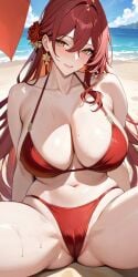 1girls ai_generated amber_eyes ass bare_legs bare_shoulders bare_thighs barely_clothed barely_covered beach belly_button big_breasts bikini bikini_bottom bikini_top blush breasts cameltoe close_up commentary_request earrings female female_focus female_only hair hair_between_eyes hair_ornament himeko_(honkai:_star_rail) honkai:_star_rail honkai_(series) hoyoverse lia_the_busty_redhead long_hair long_lashes looking_at_viewer micro_bikini orange_eyes pussy pussy_lips red_bikini red_hair sand seductive seductive_look seductive_smile self_upload sitting slight_smile smile solo solo_female solo_focus spread_legs tagme thighs vagina water yellow_eyes