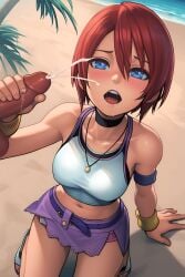 1girls ai_generated beach blue_eyes cum cumming_from_handjob female handjob kairi kingdom_hearts penis red_hair skirt