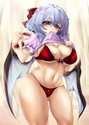 1girls 2d bat_wings belly belly_button big_breasts blue_hair blush bra breasts cleavage fangs female hair_ribbon hips holding_cup looking_at_viewer panties pointy_ears poke200 red_eyes remilia_scarlet reo_adriano_(artist) sharp_fingernails shiny_skin short_hair shy solo source standing sweatdrop tea thick_thighs thighs top_lift touhou underwear vampire vampire_girl wide_hips wings