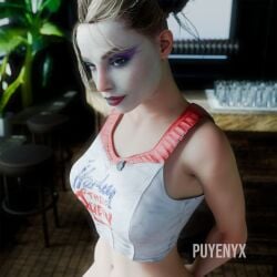 1girls big_breasts breasts clothed clothing colored_hair dc dc_comics double_bun eyelashes female harley_quinn harley_quinn_(suicide_squad_game) looking_at_viewer makeup naughty_face petite puyenyx seductive_eyes seductive_look seductive_mouth seductive_smile self_upload slim smiling smiling_at_viewer suicide_squad:_kill_the_justice_league tank_top yellow_hair