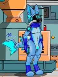 alternate_version_at_source blue_omega clothing drone hi_res industrial_background latex latex_clothing machine male null_bulge protogen reprogramming robot shark_tail solo