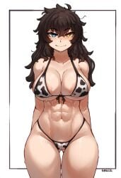 1girls abs ai_generated bra brown_hair cow_print cowprint_bikini heterochromia hismajestyii large_breasts muscular muscular_female novelai pale-skinned_female pale_skin panties seiko_tanaka_(hismajestyii) wide_hips