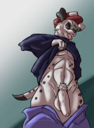 anthro asher_tail canine clothes color dalmatian dog drool face flaccid front_view fur furry hat jeans lifting male male_only nude penis solo spots sweater teasing tongue uncut undressing