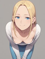 1girls ai_generated blonde_hair blue_eyes down_blouse leaning_forward looking_at_viewer nip_slip nipple_slip nipslip no_bra no_bra_under_clothes smile supergetthi