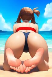 1girls ai_generated all_fours barefoot beach big_butt brown_hair bubble_butt facing_away feet foot_focus from_behind from_behind_position looking_away may_(pokemon) ocean on_all_fours pokemon sand soles su_whore_(artist)