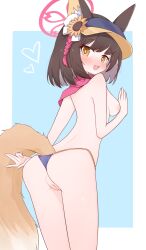 absurdres animal_ear_fluff animal_ears blue_archive blue_background breasts brown_eyes brown_hair female female_only flower fox_ears fox_girl fox_tail from_behind gu_meng_yin halo heart highres izuna_(blue_archive) izuna_(swimsuit)_(blue_archive) looking_at_viewer medium_breasts nipples official_alternate_costume pussy red_halo red_scarf scarf short_hair solo solo_female sunflower tail two-tone_background uncensored visor_cap white_background