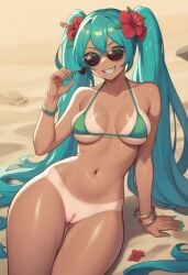 :d ai_generated alternate_breast_size aqua_hair beach_background black_thong_bikini blush bracelet brazil brazilian brazilian_female brazilian_miku breasts cleavage collarbone completely_naked curly_hair_style fangs_(fangs_art) female flower full_hair fully_nude green_eyes green_nails grin hair_flower hair_ornament hatsune_miku heart highres jewelry large_breasts long_hair looking_at_viewer messy_hair nail_polish navel nsfw parted_lips red_flower skindentation smile solo spread_pussy stomach sunglasses_aviator tan tan_lines thigh_gap topless twintails two-tone_background very_long_hair vocaloid yellow_nails