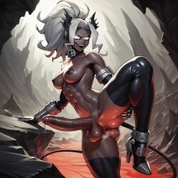 abs ai_generated asshole balls collar demon demon_girl foreskin futanari helltaker high_heel_boots horns judgement_(helltaker) latex leaking_precum muscular muscular_futanari penis tail thighhighs uncut